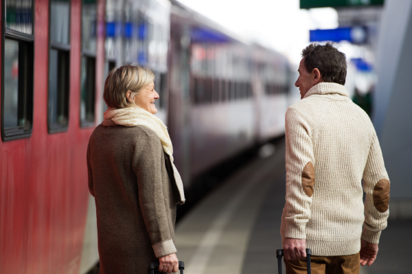 Beautiful senior couple on trainstation pulling a trolley luggage. Rear view.