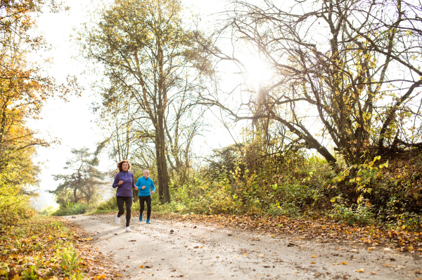 Beautiful active senior couple running together outside in sunny autumn forest