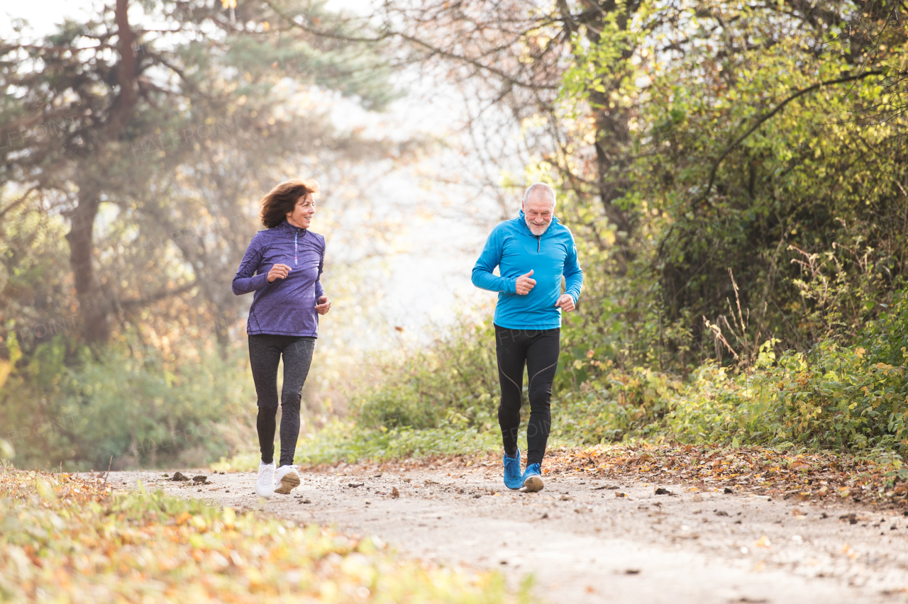 Beautiful active senior couple running together outside in sunny autumn forest