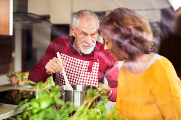 Senior couple preparing food in the kitchen. An old man and woman inside the house. Shot through glass.