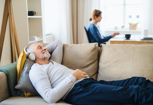 A happy senior couple indoors with a black pet dog at home, using laptop and headphones.