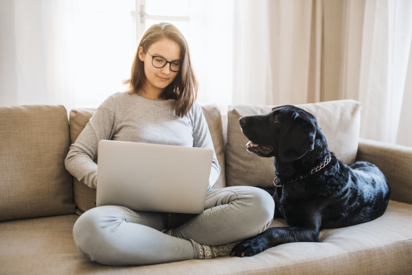 A teenage girl with a dog sitting on a sofa indoors, working on a laptop.