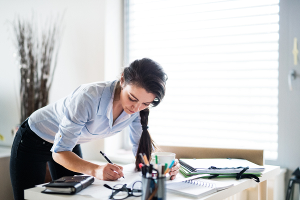 A portrait of a beautiful woman working. Home office.