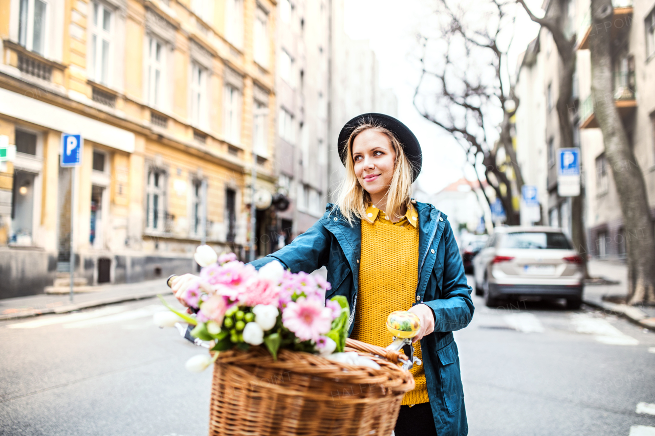 Young woman with bicycle and flowers in a basket. Sunny spring town.