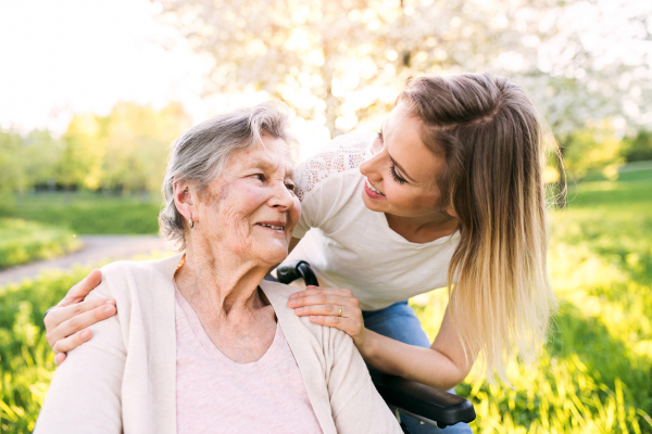 Elderly grandmother in wheelchair with an adult granddaughter outside in spring nature.