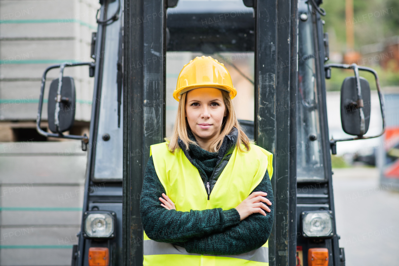 Woman forklift truck driver in an industrial area. A woman standing in front of the fork lift truck outside a warehouse.