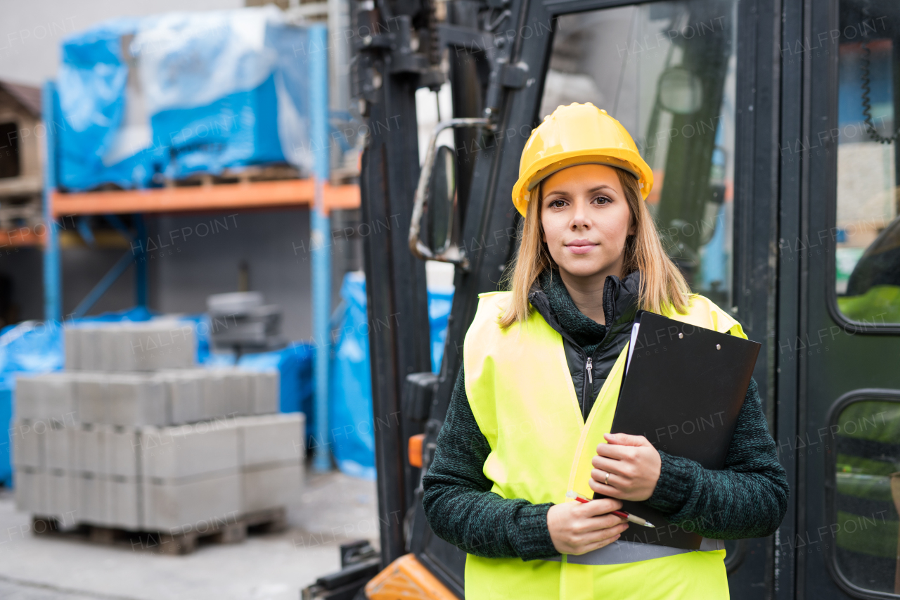 Woman forklift truck driver in an industrial area. A woman standing in front of the fork lift truck outside a warehouse.