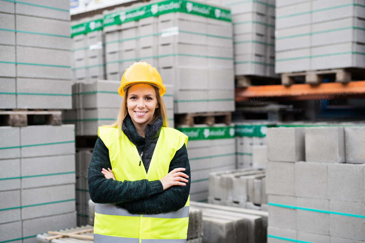 Female worker standing outside a warehouse, arms crossed. Woman in an industrial area.