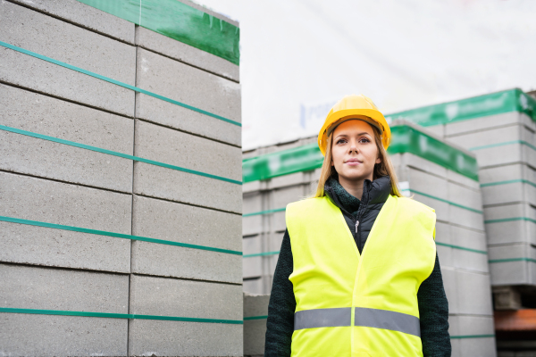 Female worker standing outside a warehouse. Woman in an industrial area.