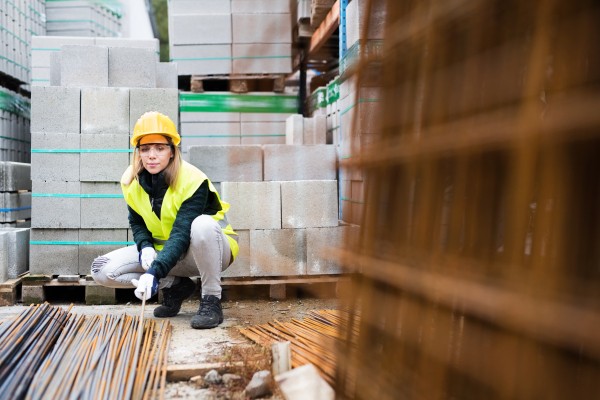 Female worker in an industrial area. Beautiful young woman working outside warehouse building.