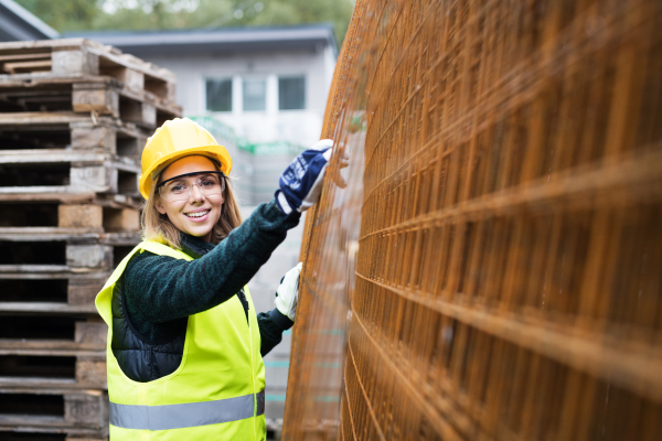 Female worker in an industrial area. Beautiful young woman working outside warehouse building.