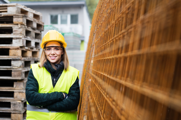 Female worker in an industrial area. Beautiful young woman working outside warehouse building.