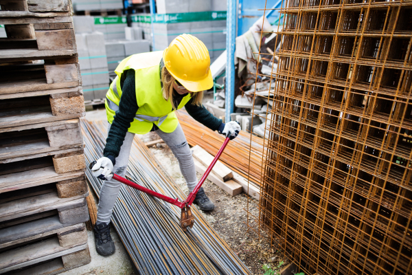 Female worker with bolt cutters in an industrial area. Beautiful young woman working outside a warehouse building.