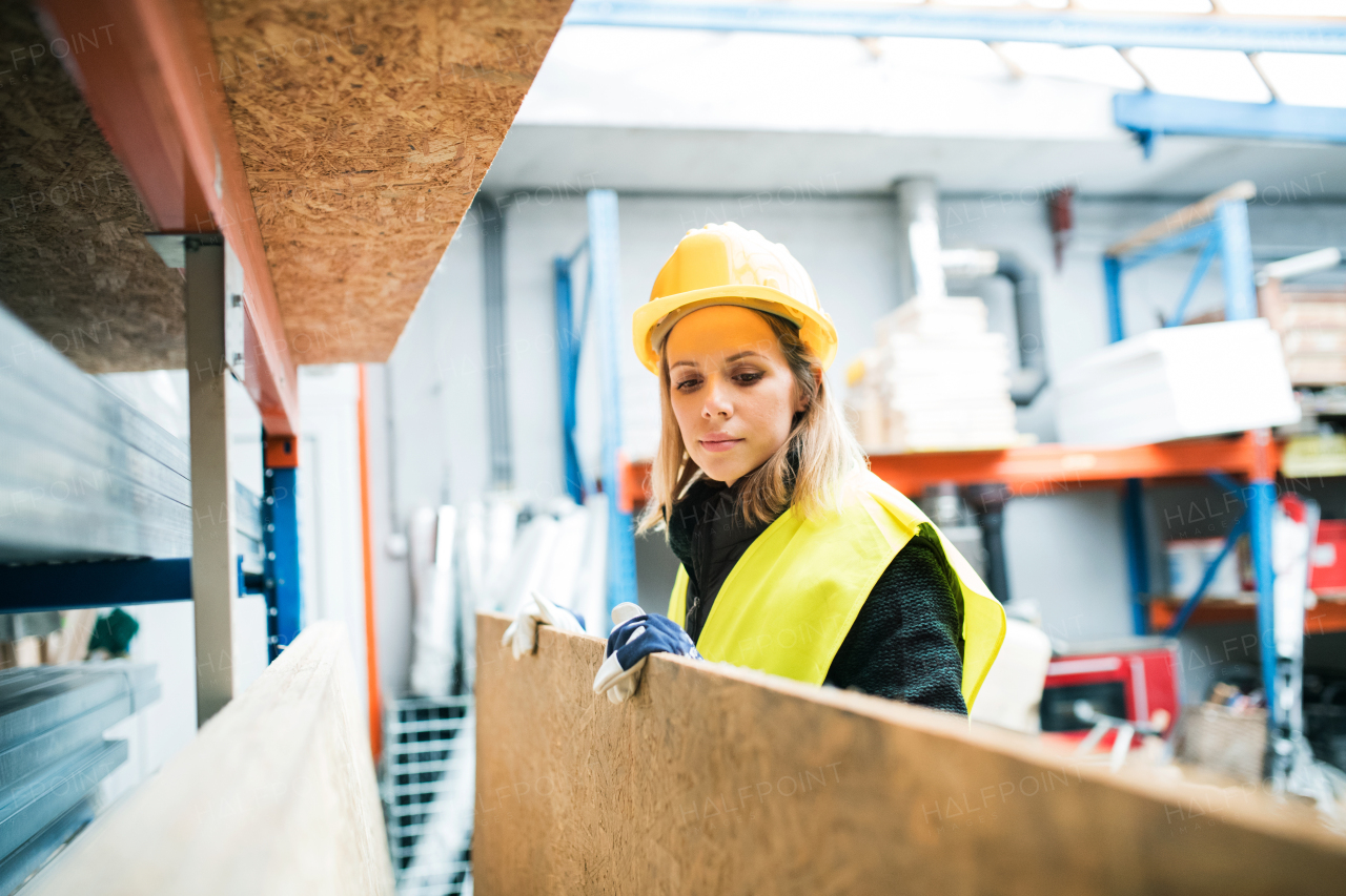 Beautiful young female worker in a warehouse.