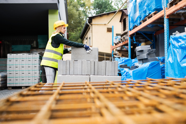 Female worker in an industrial area. Beautiful young woman working outside warehouse building.