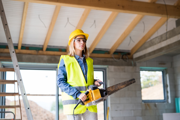 Female worker on the construction site. Beautiful young woman with a saw for cutting blocks.