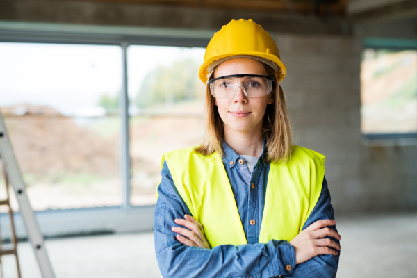 Female worker on the construction site. Beautiful young woman with crossed arms.