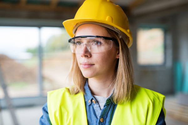 Female worker on the construction site. Beautiful young woman with crossed arms.