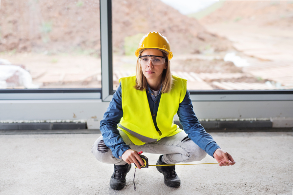 Female worker on the building site. Beautiful young woman with tape measure. House construction.