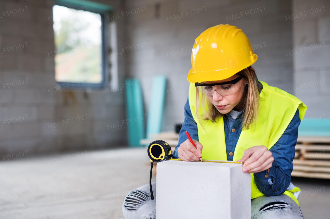 Female worker on the building site. Beautiful young woman measuring the building blocks. House construction.