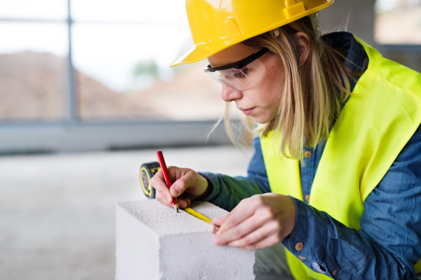 Female worker on the building site. Beautiful young woman measuring the building blocks. House construction.