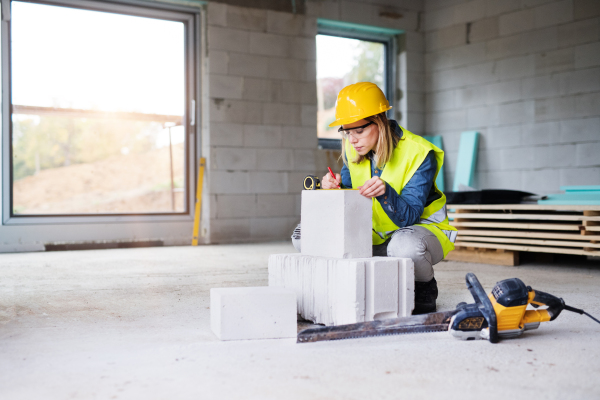 Female worker on the building site. Beautiful young woman measuring the building blocks. House construction.