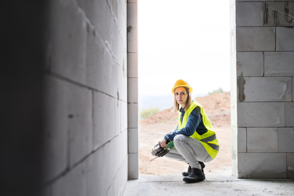 Female worker on the construction site. Beautiful young woman working with electric tool.