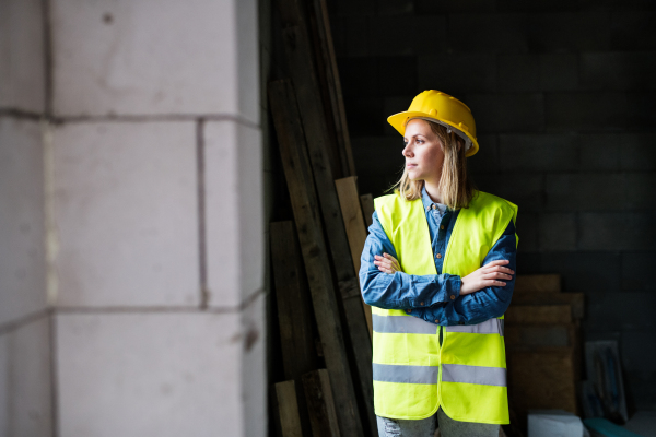 Female worker on the construction site. Beautiful young woman with crossed arms.