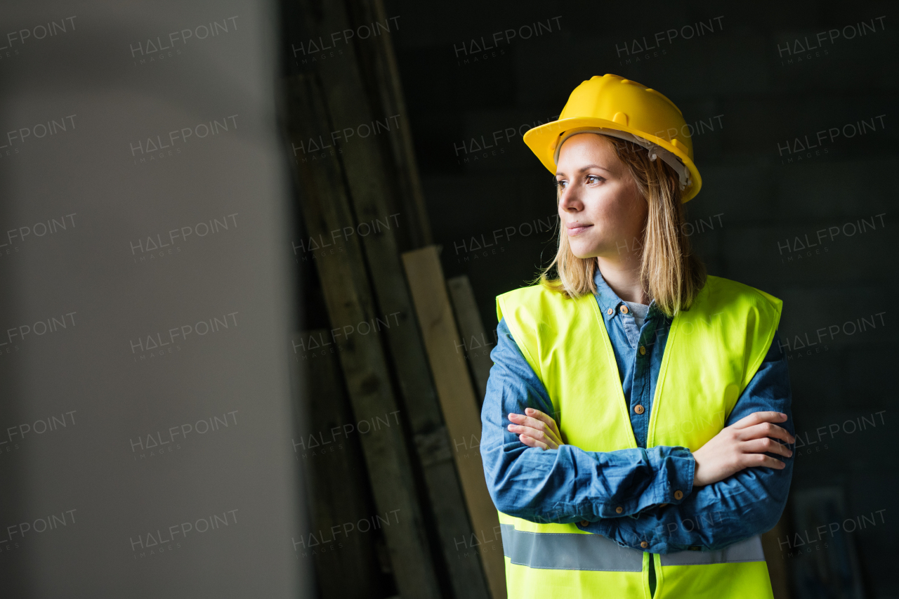 Female worker on the construction site. Beautiful young woman with crossed arms.