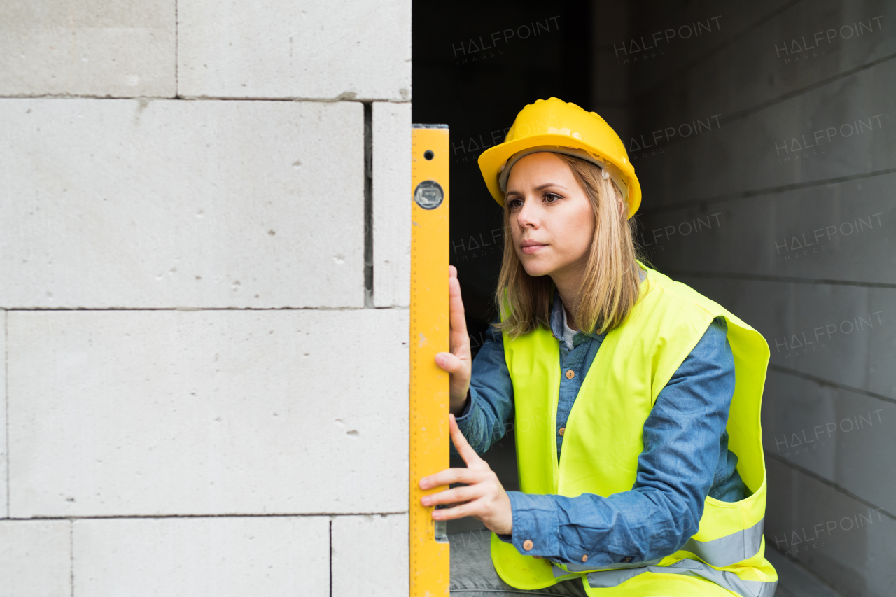 Female worker on the building site. Beautiful young woman measuring the building blocks. House construction.