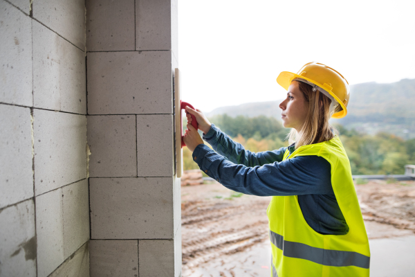 Female worker on the construction site. Beautiful young woman working on the building site.