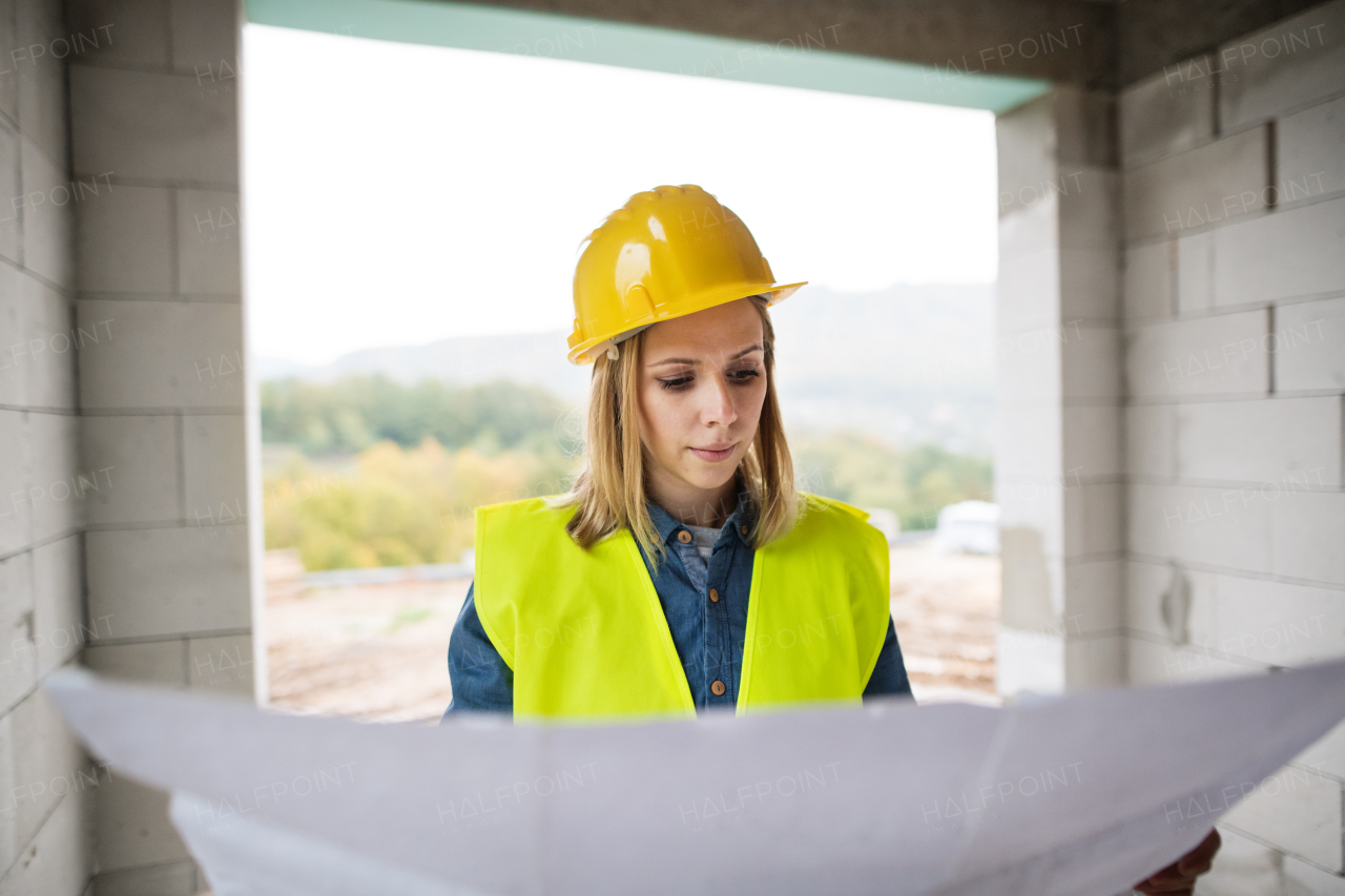 Female worker on the building site. Beautiful young woman holding blueprints. House construction.