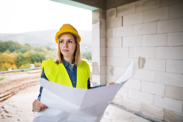 Female worker on the building site. Beautiful young woman holding blueprints. House construction.