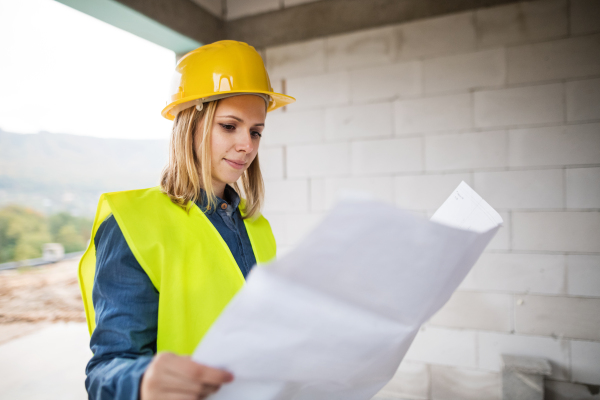 Female worker on the building site. Beautiful young woman holding blueprints. House construction.