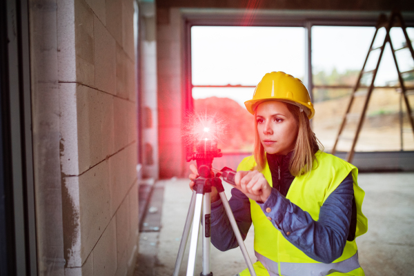 Female worker on the building site. Beautiful young woman with line laser level. House construction.