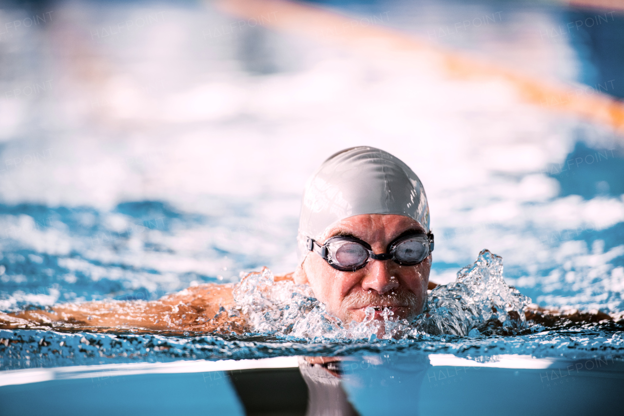 Senior man swimming in an indoor swimming pool. Active pensioner enjoying sport.