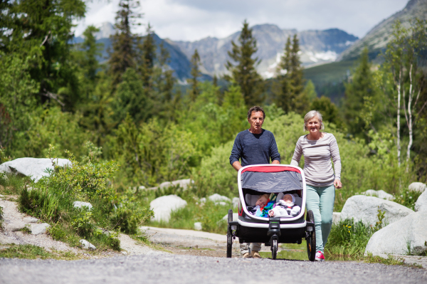 Senior couple and children in jogging stroller, summer day. High mountains in the background.