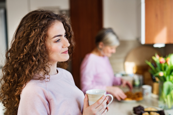 A teenage girl with mother or grandmother in the kitchen at home. Family and generations concept.