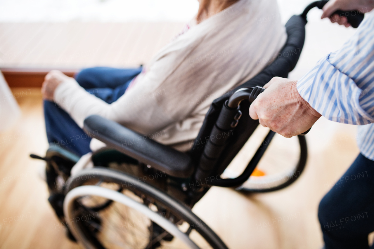 An unrecognizable elderly mother with her senior daughter at home looking out of the window. A carer assisting a disabled senior woman in wheelchair.