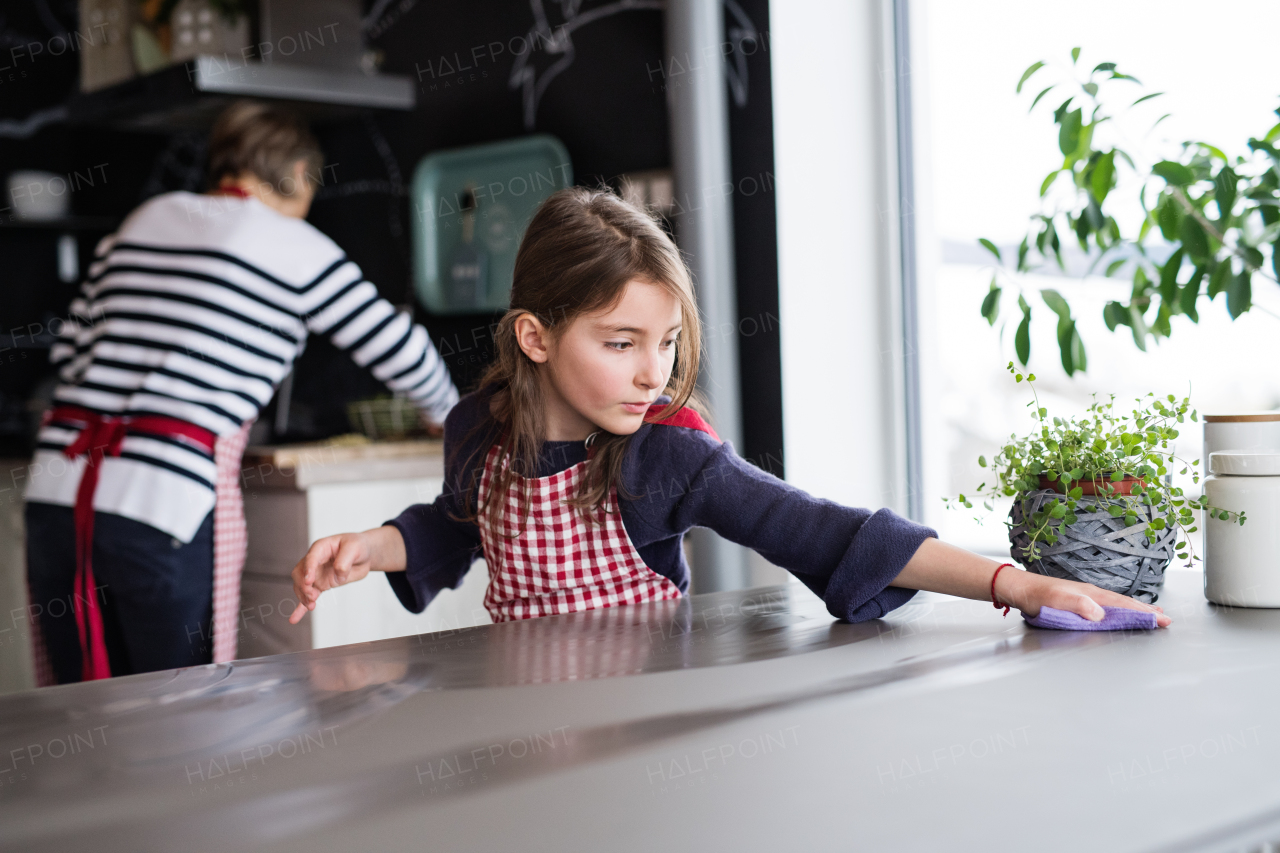 A small girl with grandmother at home, cooking. Family and generations concept.