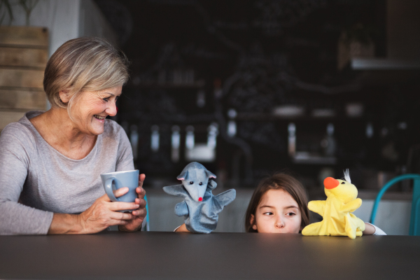 A small girl and her grandmother with tablet at home, playing. Family and generations concept.