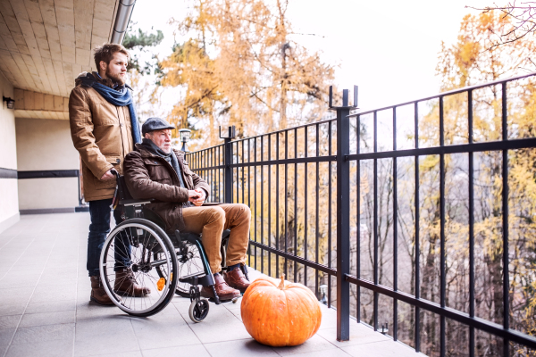 Father in wheelchair and young son on a walk. A carer assisting disabled senior man.