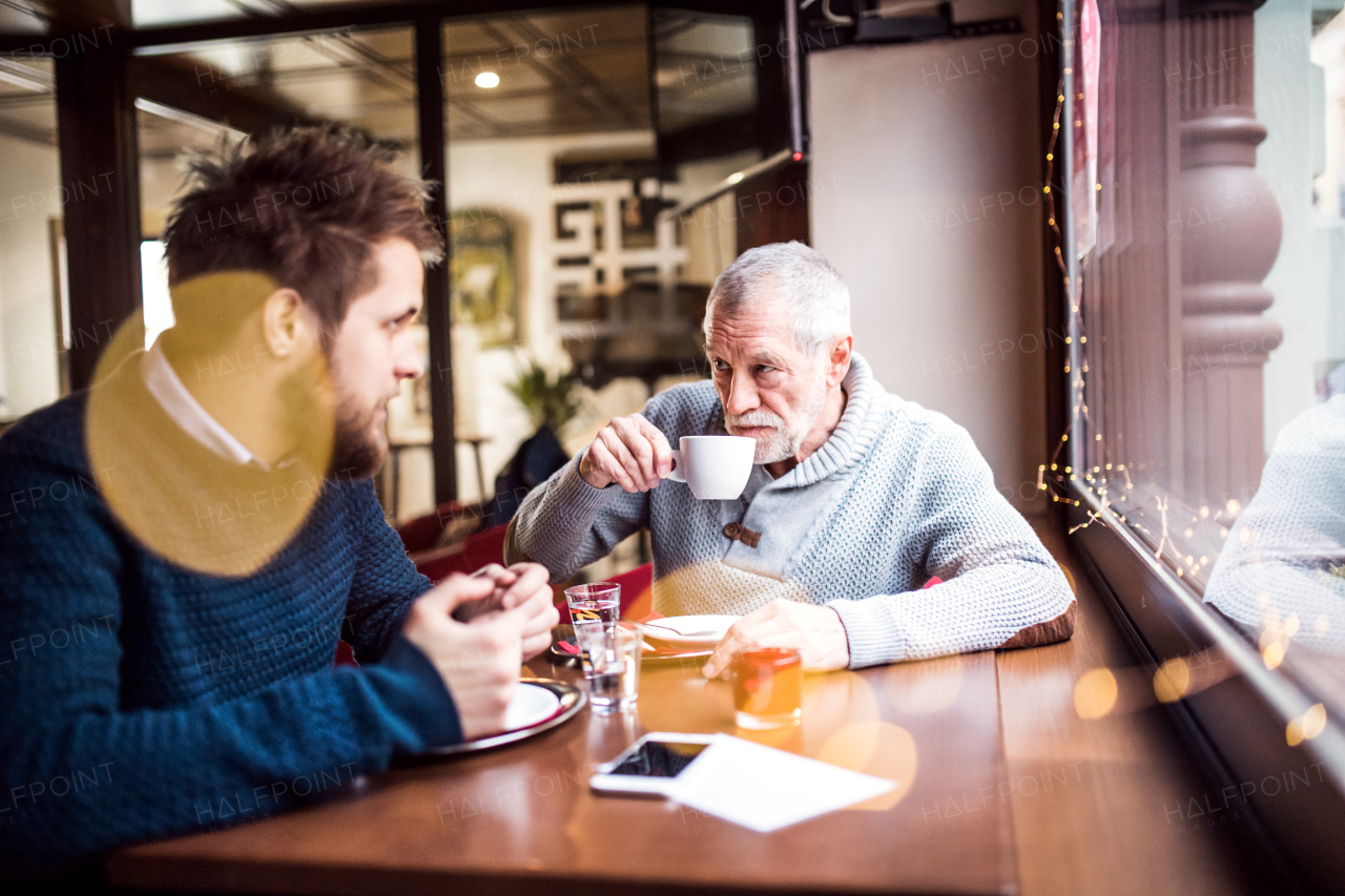 Senior father and his young son drinking coffee in a cafe.