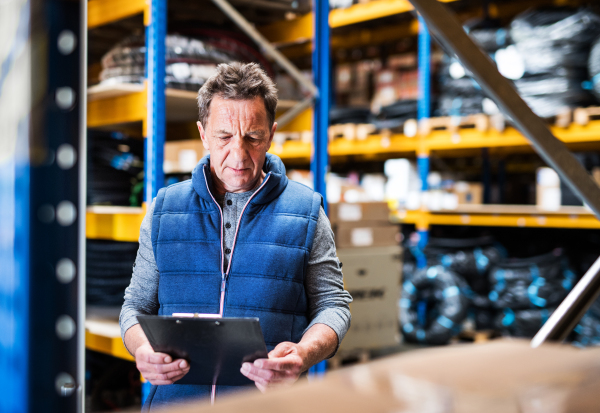 Portrait of a senior male warehouse worker or a supervisor with clipboard, making notes.