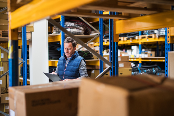 Portrait of a senior male warehouse worker or a supervisor with clipboard, making notes.