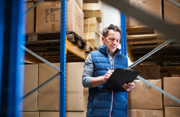 Portrait of a senior male warehouse worker or a supervisor with clipboard, making notes.