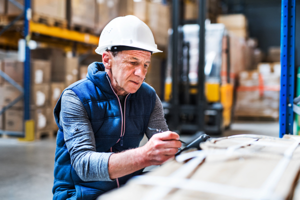 Portrait of a senior male warehouse worker or a supervisor with handheld barcode scanner.