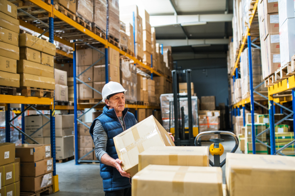 Senior male warehouse worker loading or unloading boxes from a pallet truck.