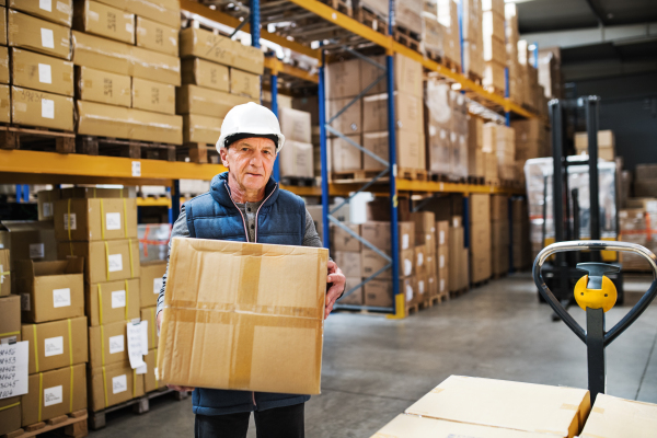 Senior male warehouse worker loading or unloading boxes from a pallet truck.