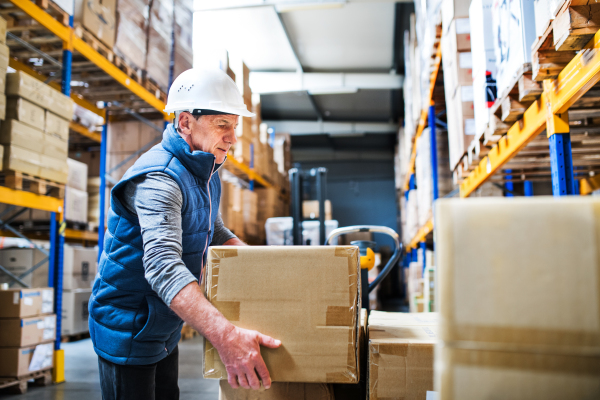 Senior male warehouse worker loading or unloading boxes from a pallet truck.